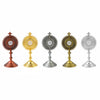 A set of five mini metal religious ornaments featuring a cross and a circular design in copper, gold, silver, and bronze fini