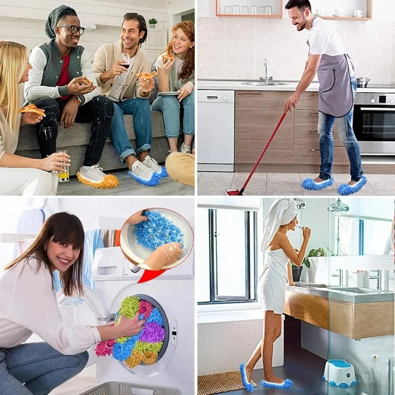 A woman is shown cleaning a floor with dust-absorbing slippers, demonstrating the product for household cleaning.