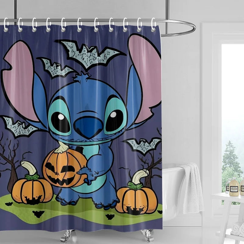 A purple and blue Disney character shower curtain featuring Stitch and pumpkins.