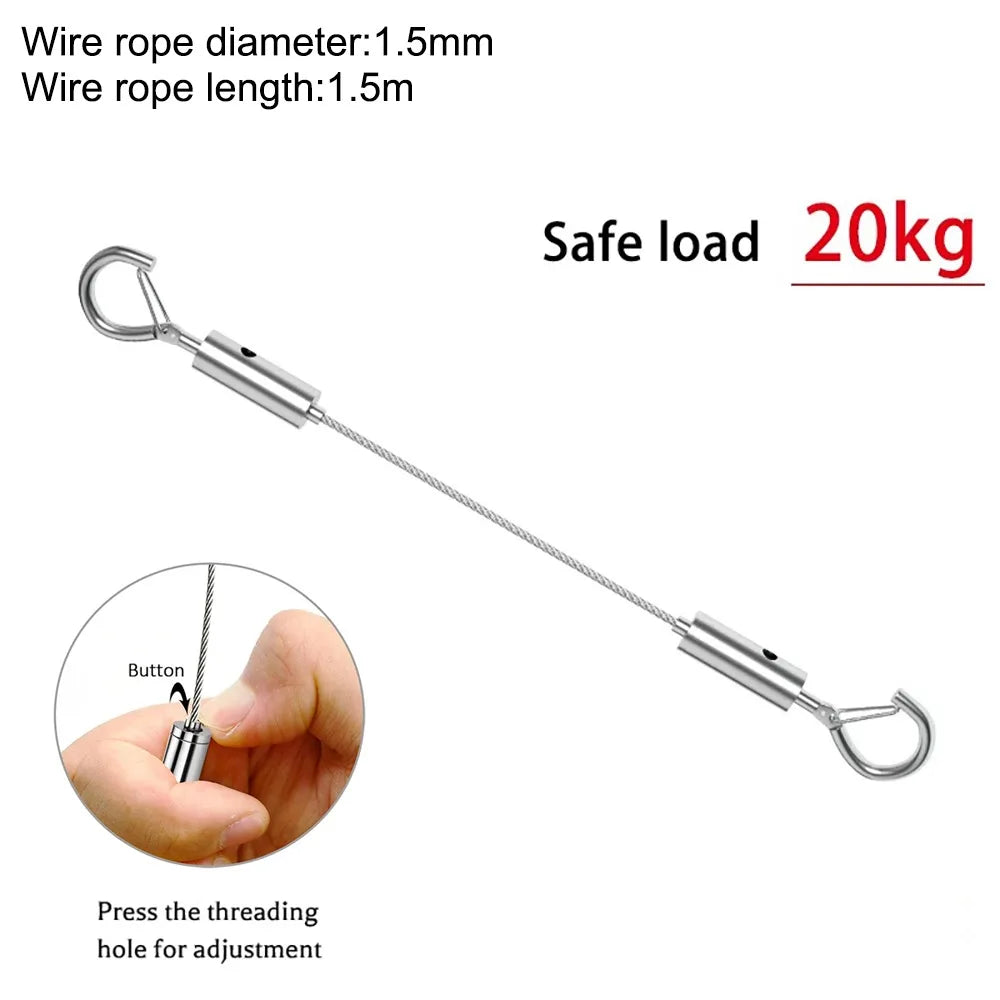 Stainless steel wire rope hanging kit with a hook and adjustable threading hole for safe load of 20kg