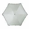 A white compact 5-fold lace umbrella with a golden curved handle, shown open and angled.