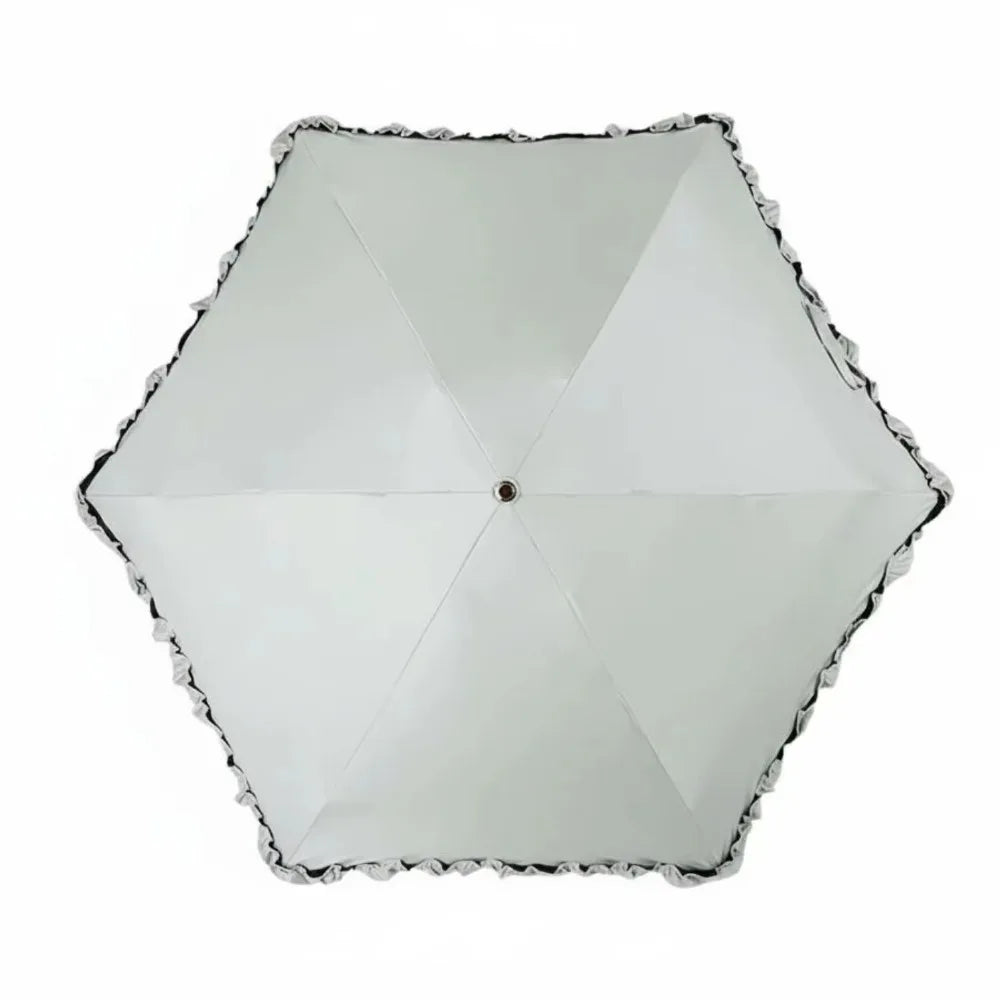 A white compact 5-fold lace umbrella with a golden curved handle, shown open and angled.