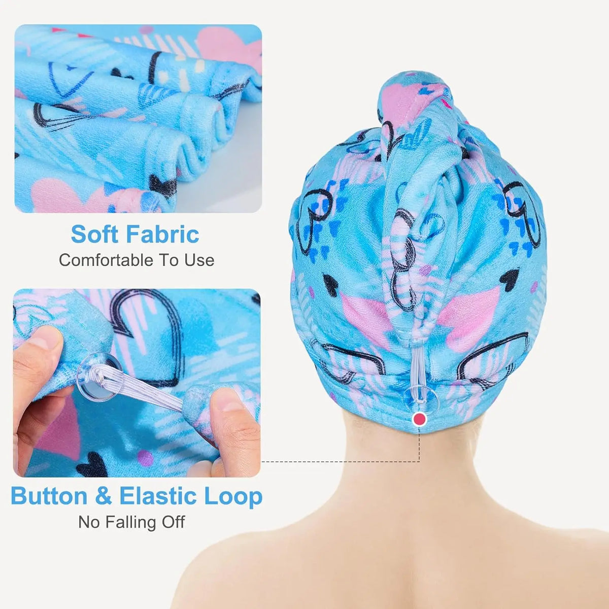 A bright blue and pink microfiber hair drying cap set with a button and elastic loop detail.