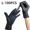 A hand wearing a black disposable nitrile glove is shown, with another gloved hand touching it. The product is labeled L-100P