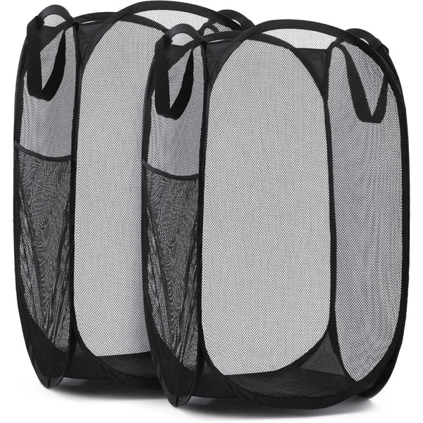 A set of black collapsible mesh laundry baskets or organizers.