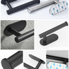 Stainless steel adhesive paper dispenser rack in black and silver finishes shown from multiple angles