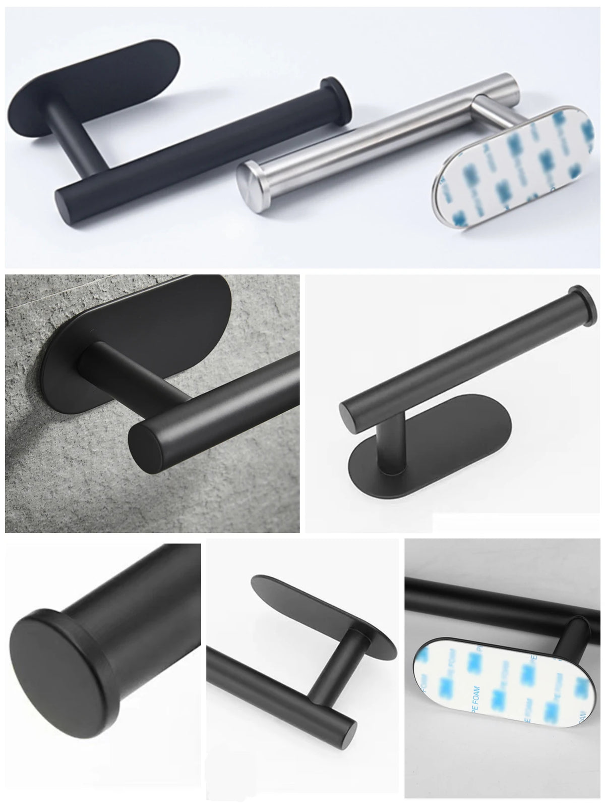 Stainless steel adhesive paper dispenser rack in black and silver finishes shown from multiple angles