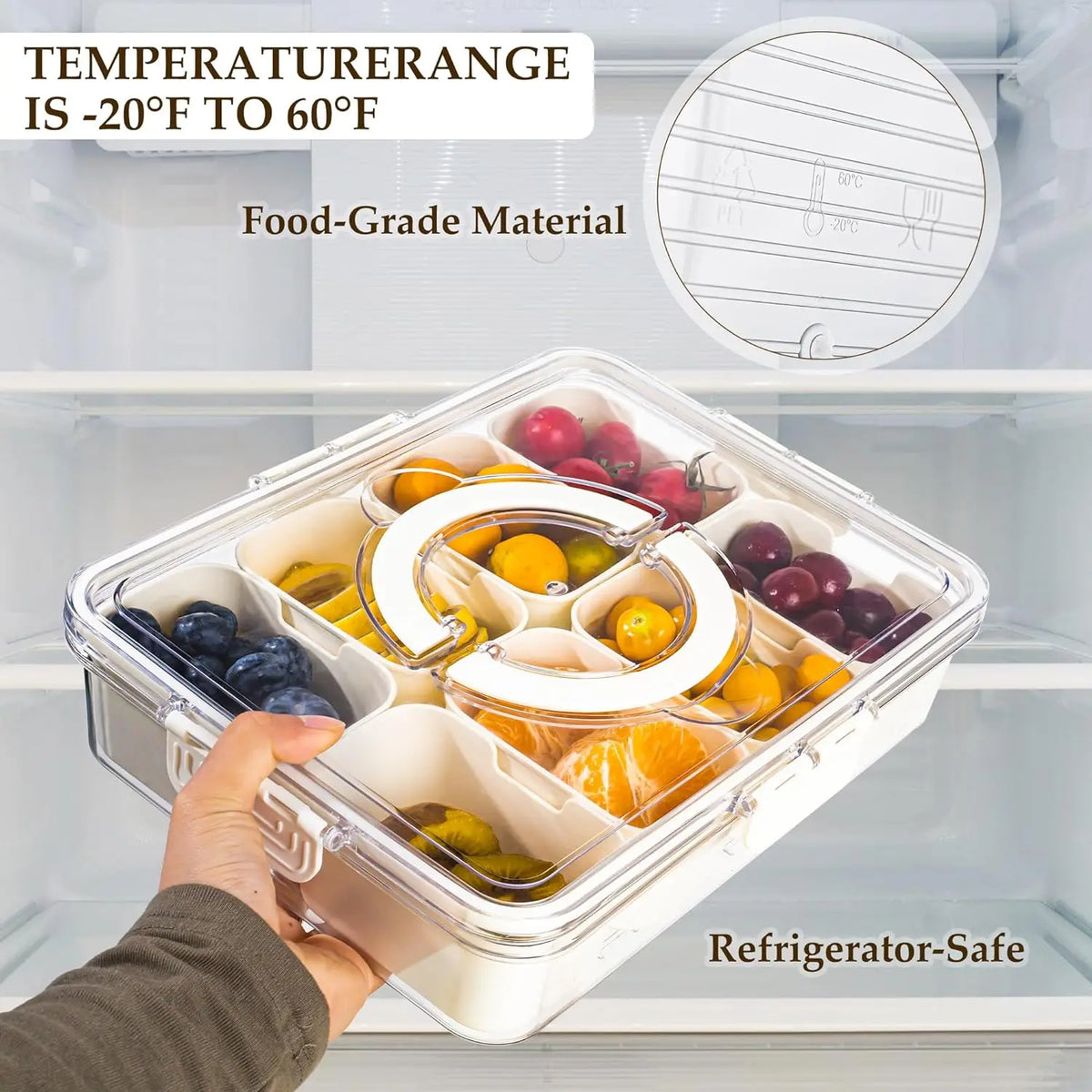 A hand holds a clear food-grade organizer tray filled with various fruits and vegetables inside a refrigerator.