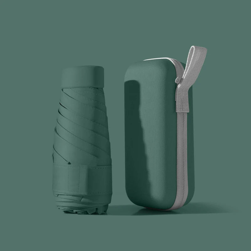 A teal compact umbrella with a protective sleeve and strap is shown against a muted green background.
