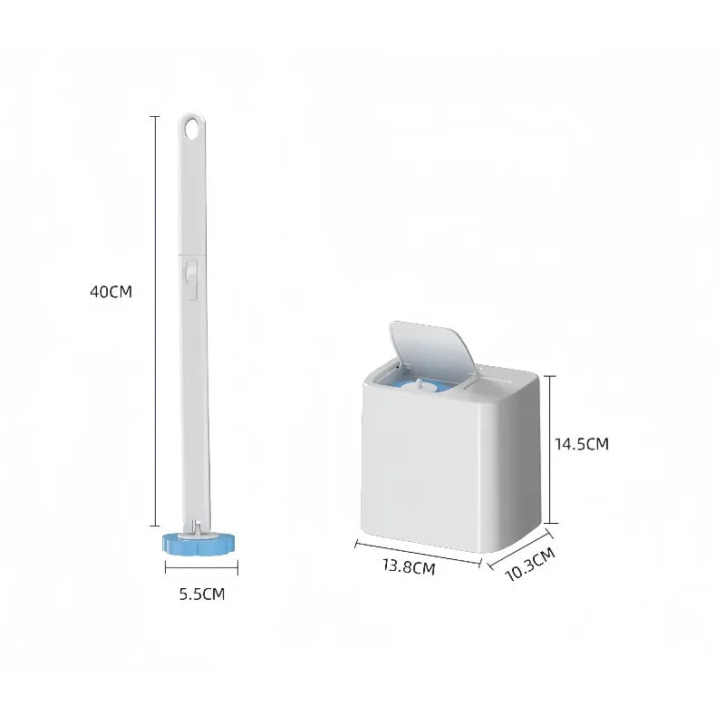 A white heavy-duty disposable toilet brush kit with a long handle and a storage container.