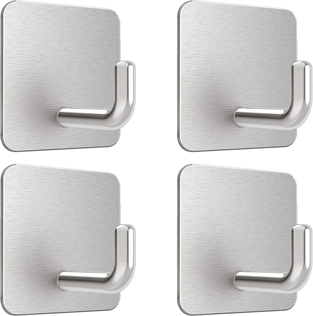 A set of four rectangular stainless steel adhesive hooks in a brushed silver finish.