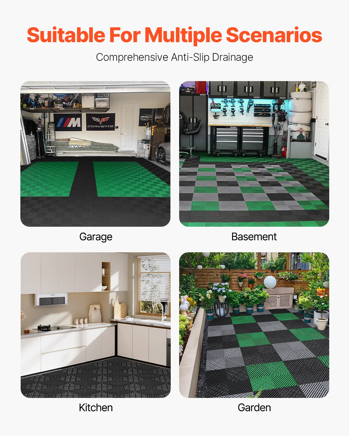 Anti-slip drainage mats shown in various contexts including a garage, basement, kitchen, and garden.