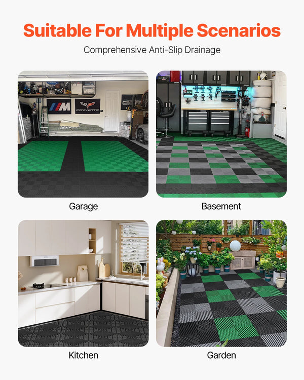 Anti-slip drainage mats shown in various contexts including a garage, basement, kitchen, and garden.