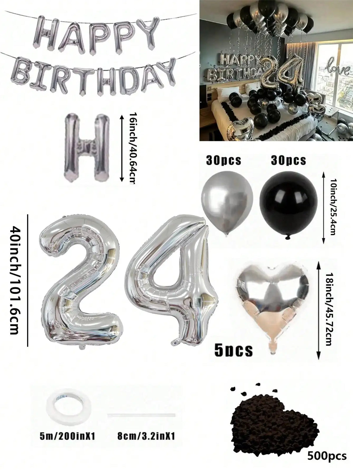 Un set de globos numéricos de papel de aluminio plateado y un corazón de chocolate para decoración de cumpleaños