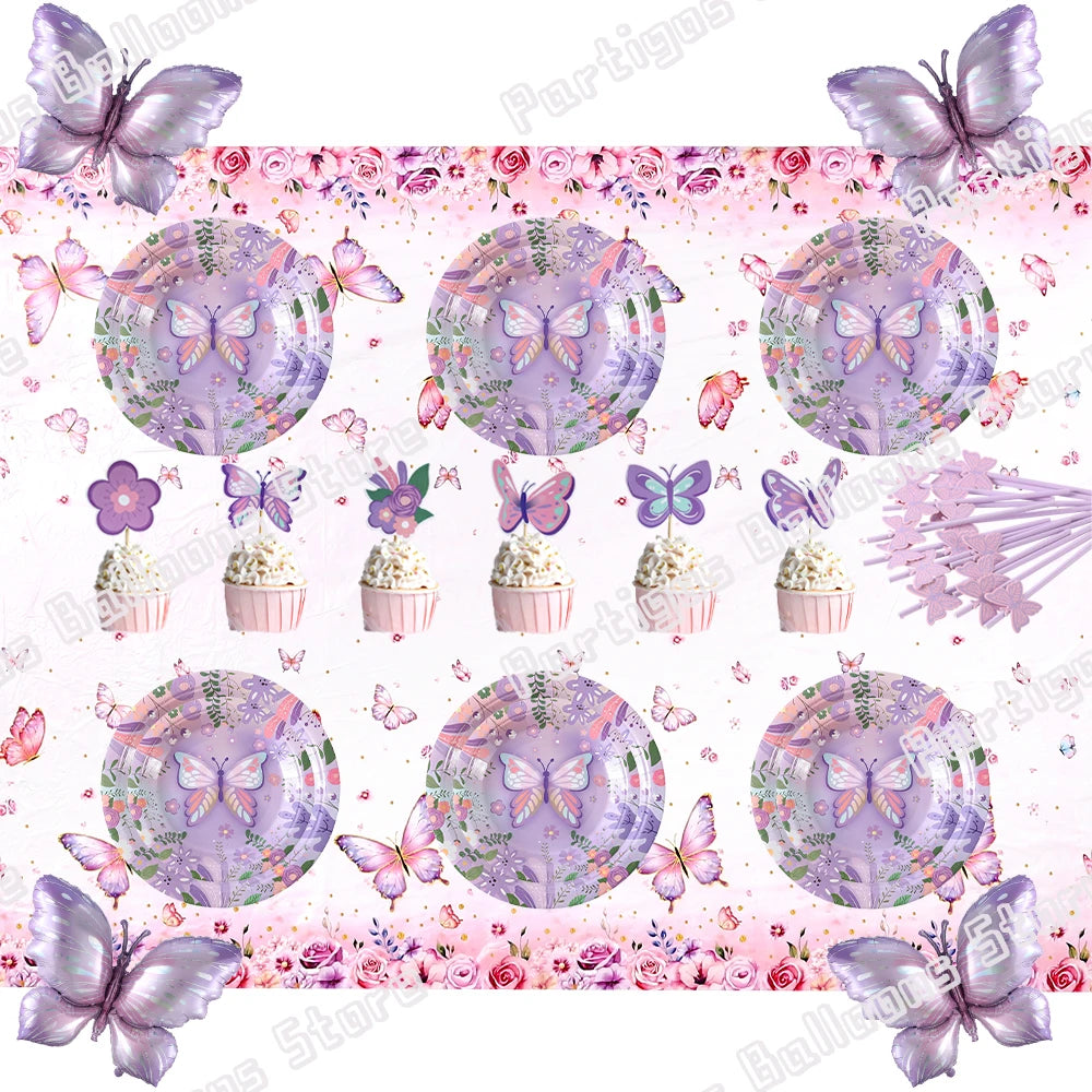 Tissu à motif de papillon aquarelle avec des fleurs violettes et roses, adapté aux fêtes