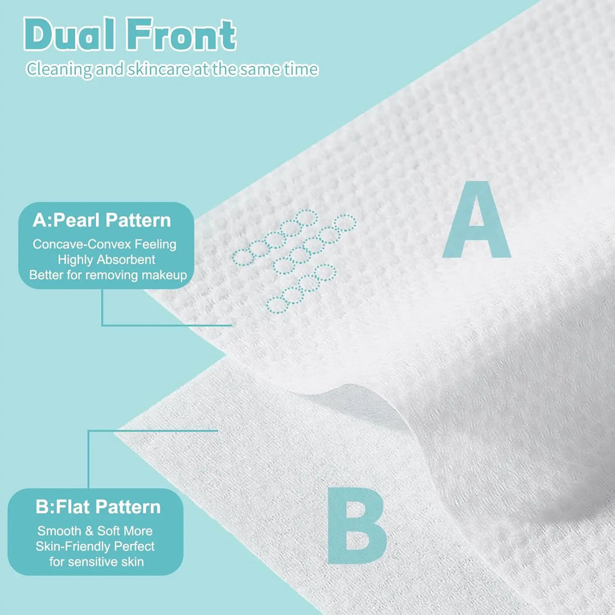 Dual Front facial wipes showing two patterns a pearl pattern and a flat pattern for cleaning and skincare