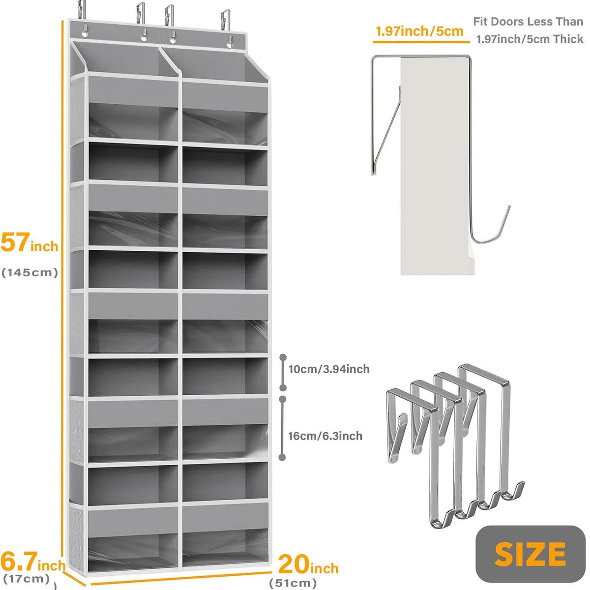 A tall, rectangular gray storage organizer with 10 compartments, designed for over-the-door hanging.