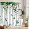 A white shower curtain featuring a tropical garden design with green leaves and colorful butterflies