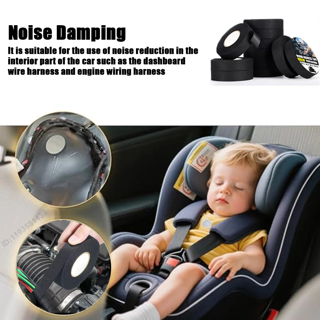 Black heavy-duty electrical insulation tape used for noise damping in car wiring harnesses and dashboards.