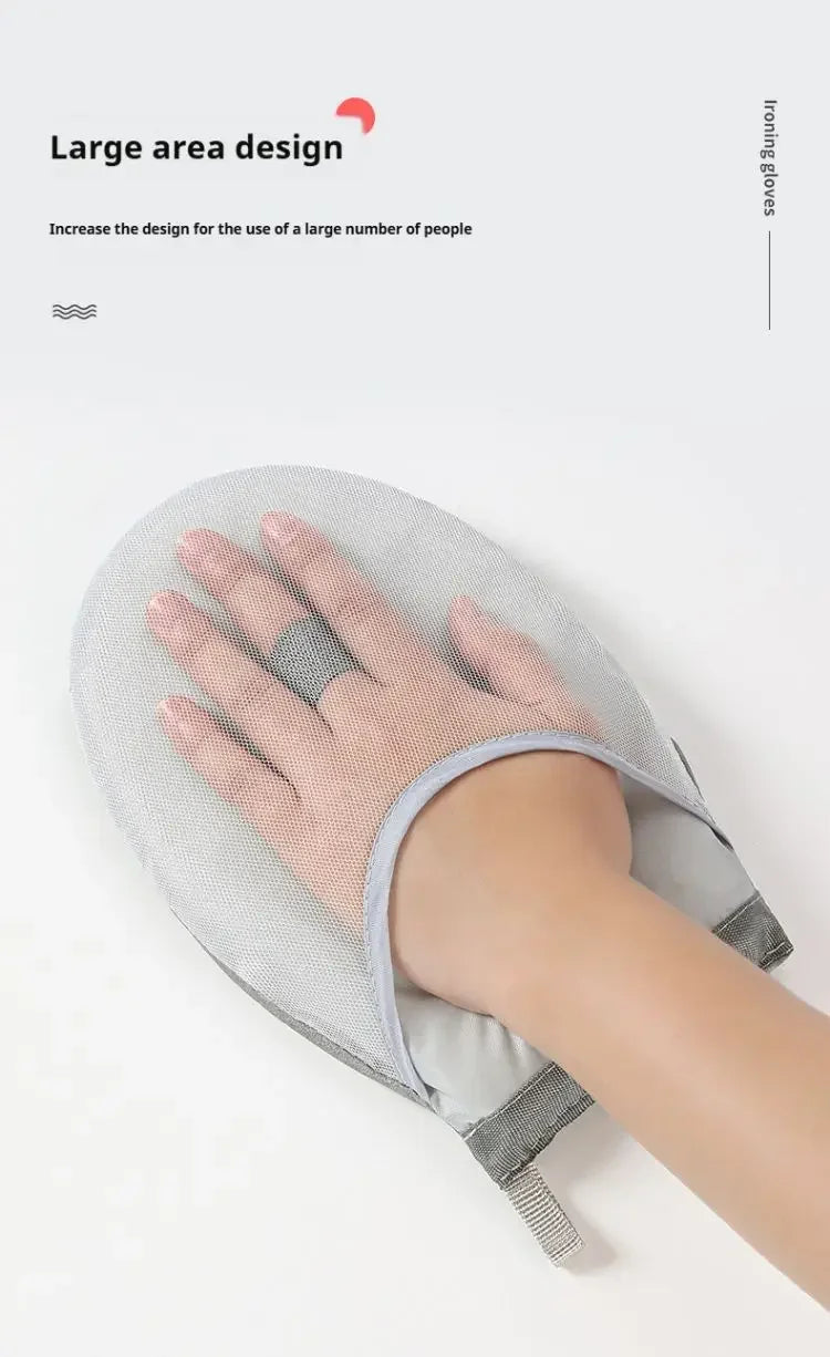 A hand is placed on a large, oval ironing board made of mesh fabric, demonstrating the design for many people.