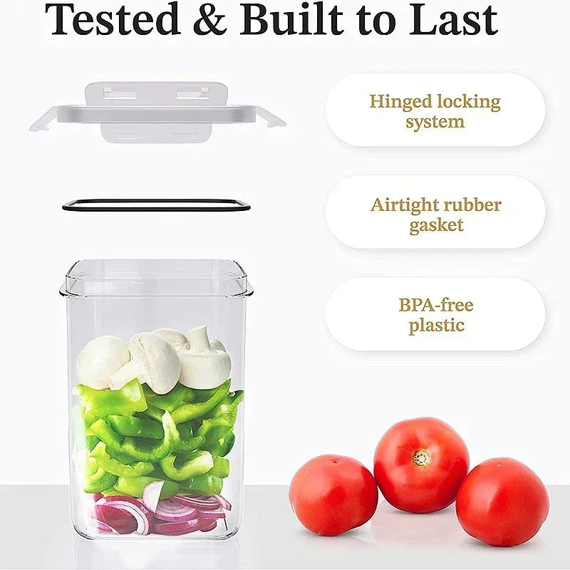 A clear plastic food storage container set with lids, showing fresh green peppers and red tomatoes.