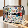 A clear plastic travel organizer pouch filled with various pills and medical items.