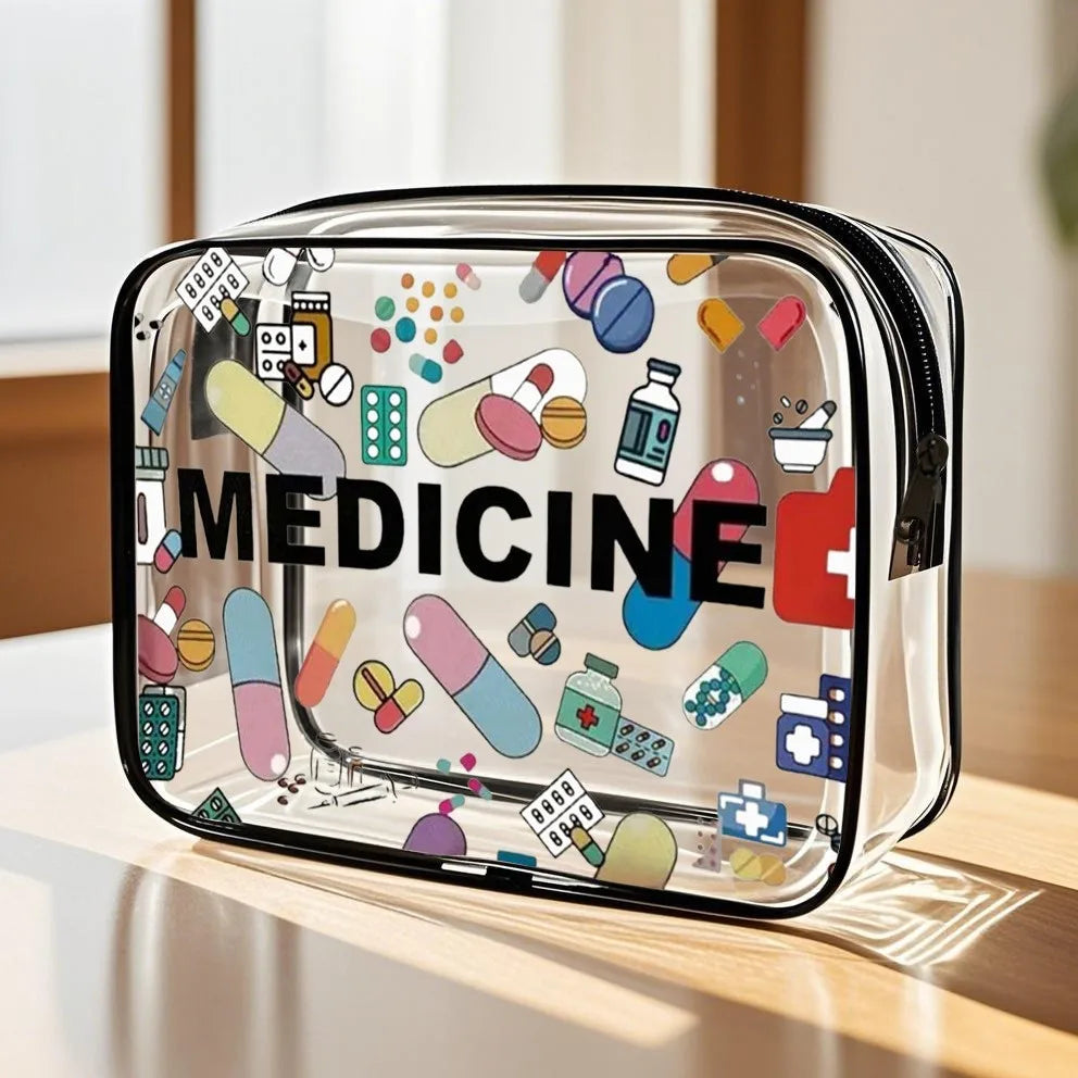 A clear plastic travel organizer pouch filled with various pills and medical items.