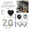 Bulk set of silver balloons including letters, round shapes, and heart shapes for birthday parties