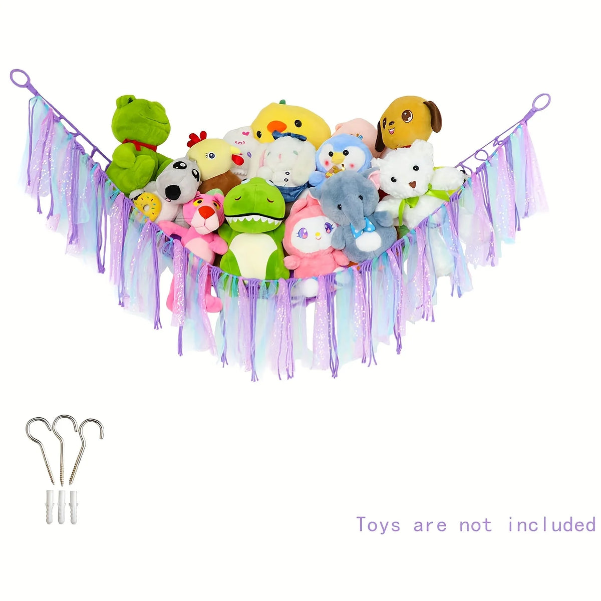 A colorful bohemian stuffed animal hammock featuring various plush toys hanging from purple and pink strings.