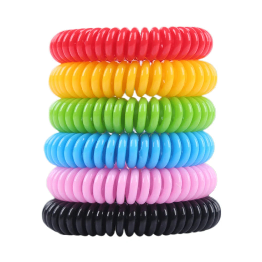 A stack of ten natural mosquito repellent bracelets in various bright colors: red, yellow, green, blue, pink, and black.
