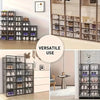 A display of stackable transparent shoe storage boxes in various sizes and colors, showing different arrangements for shoes.