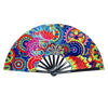 A holographic gradient rave hand fan featuring vibrant, colorful, psychedelic patterns.