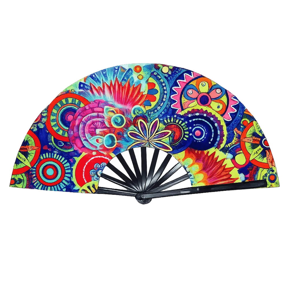 A holographic gradient rave hand fan featuring vibrant, colorful, psychedelic patterns.