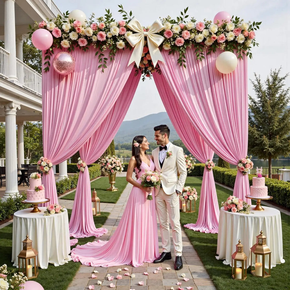 Cortinas de tela rosa enmarcando a una pareja y arreglos florales para un evento al aire libre.