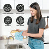 A woman is cleaning a sink with a blue towel, surrounded by icons highlighting the product's features.