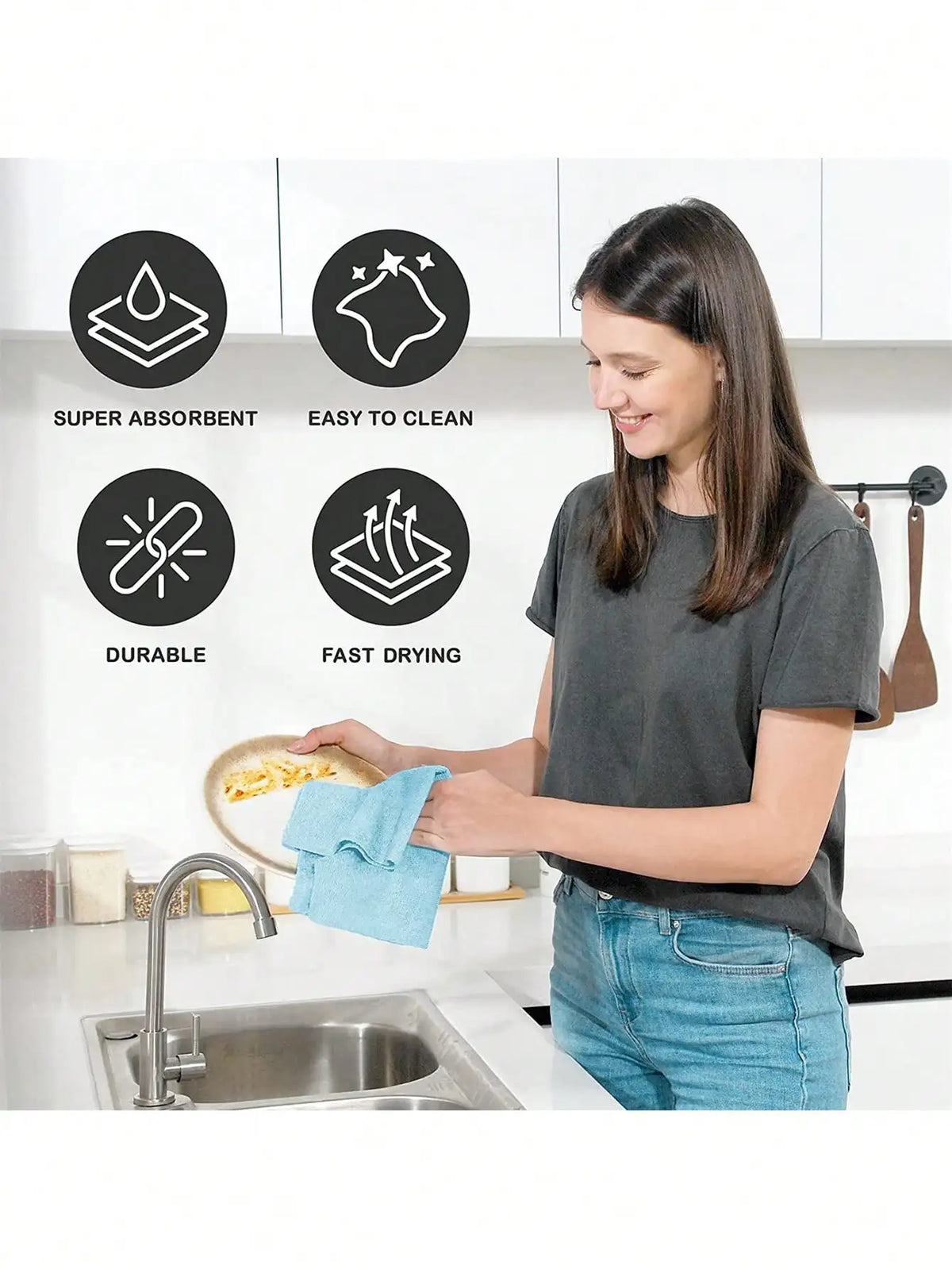 A woman is cleaning a sink with a blue towel, surrounded by icons highlighting the product's features.