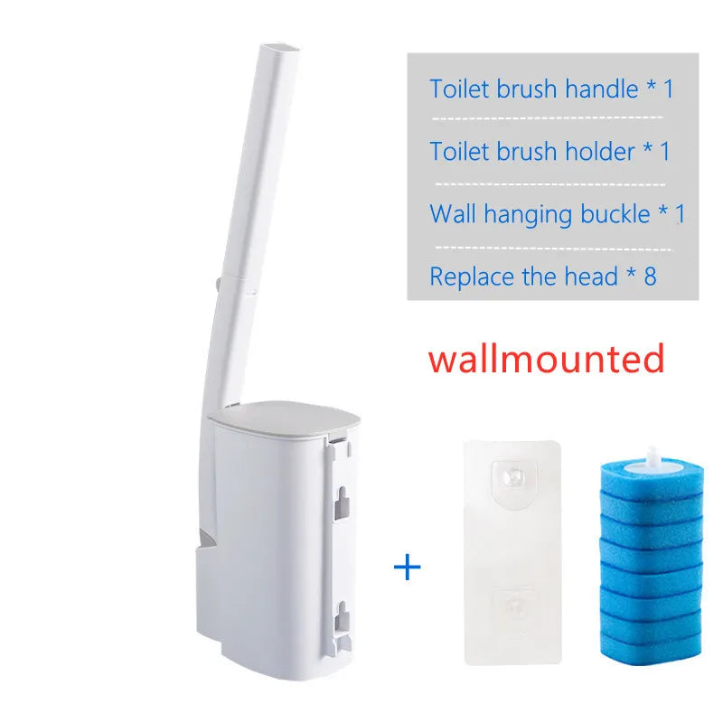 Wandmontierter WC-Bürstenaufsatz mit Griff, Halter, Schnappverschluss und acht Ersatzköpfen