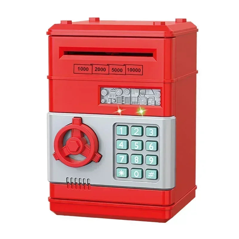 A red electronic password piggy bank with a numeric keypad and scale for storing money.