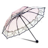 A retro transparent folding umbrella with pink and white lace-like patterns.