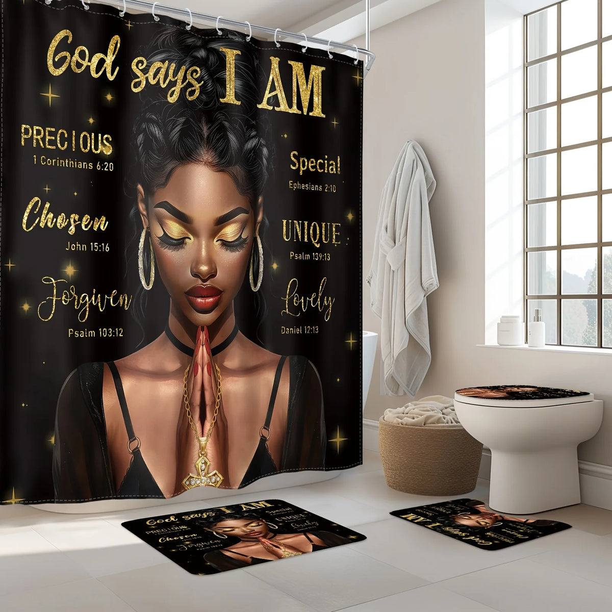 A banner featuring scripture text God says I am Precious Chosen Forgiven Special Unique Lovely
