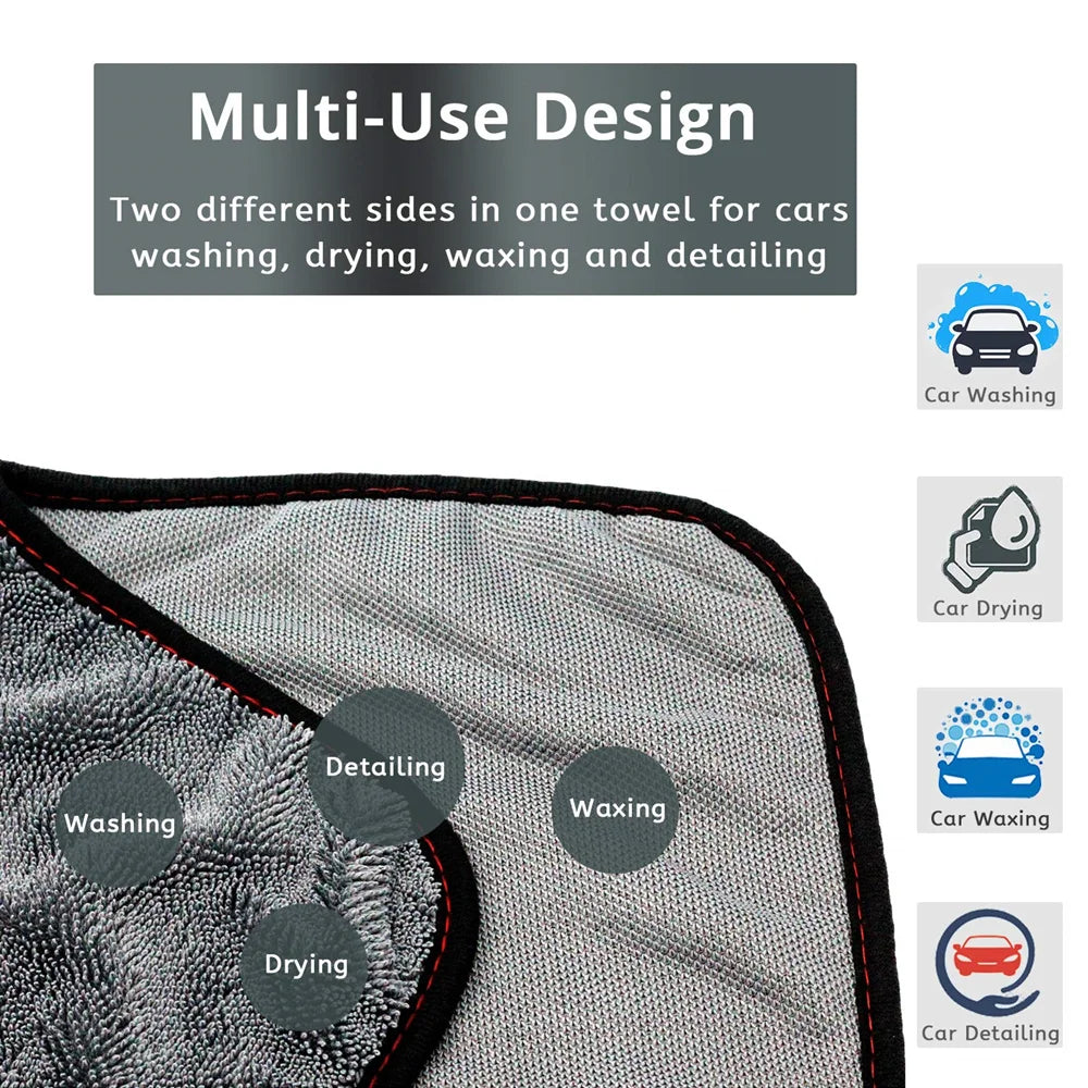 A multi-use microfiber towel showing different applications for car washing, drying, waxing, and detailing.