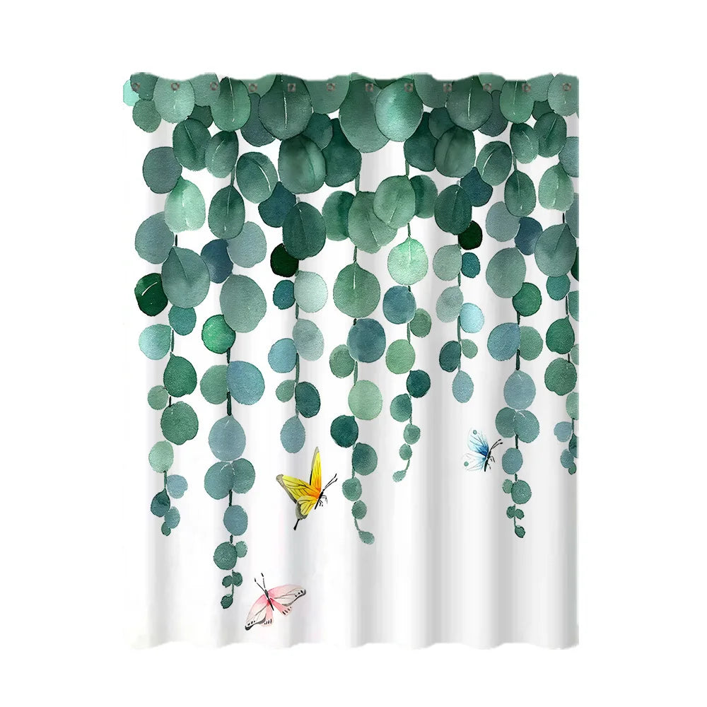 A shower curtain featuring a tropical garden design with green eucalyptus leaves and yellow butterflies hanging down