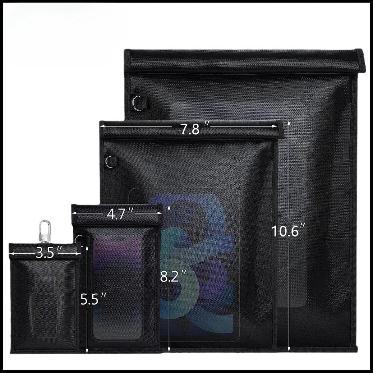 A set of black Faraday shield key bags with various sizes and a measuring tape for anti-theft protection