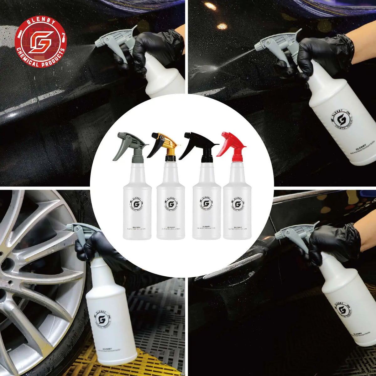 Set wiederverwendbare Sprühflaschen zum Reinigen und Detailieren der Außenhaut eines Autos.