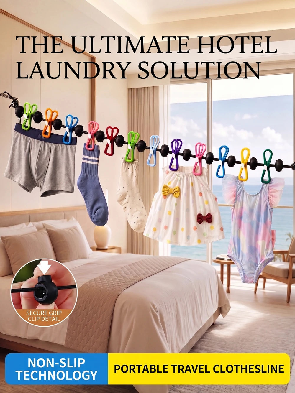 A portable travel clothesline featuring 12 colorful retractable clothespins displayed against a window view.