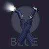 A dark blue heavy-duty automatic folding umbrella with an LED flashlight is shown illuminating a bright beam.