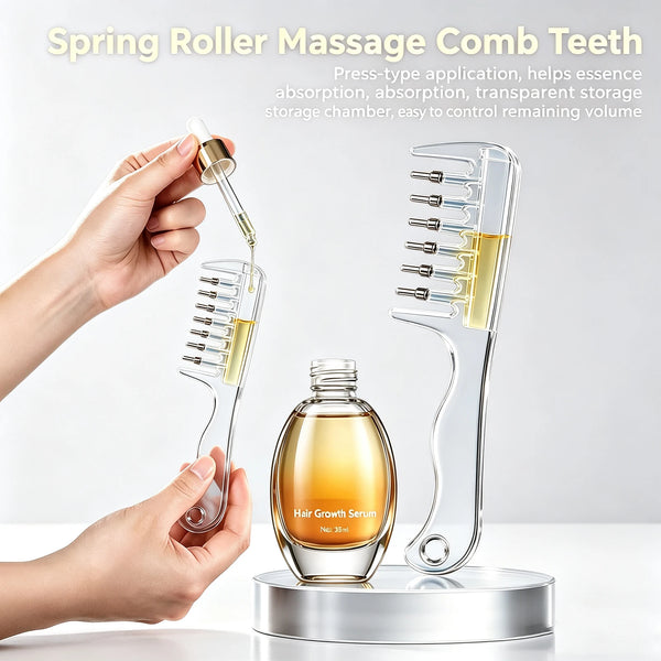 A hand is using a spring roller massage comb teeth to apply hair growth serum from a glass bottle.