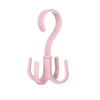 A pink space-saving rotating closet organizer hook with a curved handle and three hanging arms.