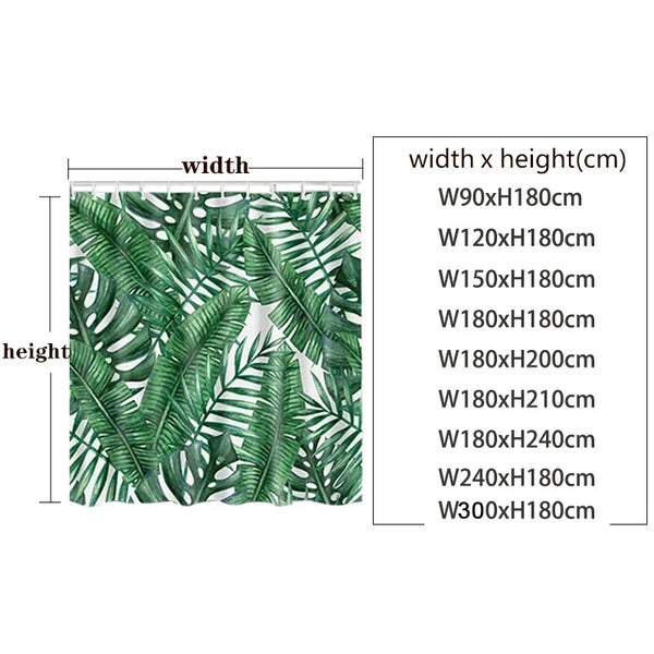 A set of green tropical leaf patterned shower curtains with various width and height options.