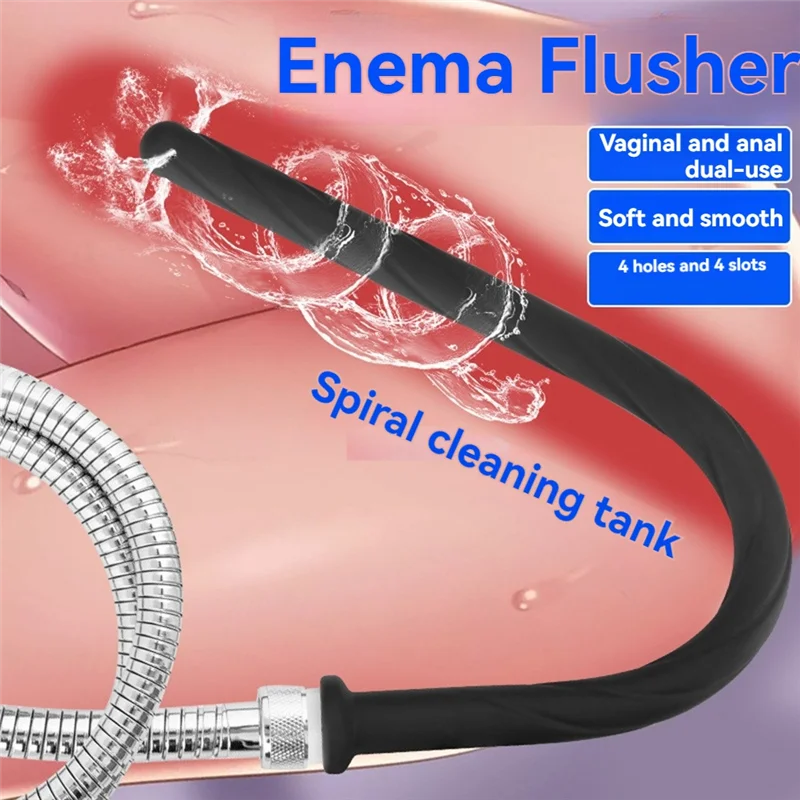 A black enema flusher with a silicone hose is shown inside a pink cleaning tank.